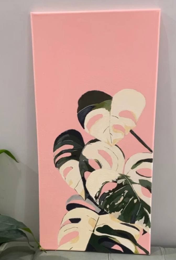 Pink Whisper — Hand-Painted Monstera Leaves Acrylic Canvas